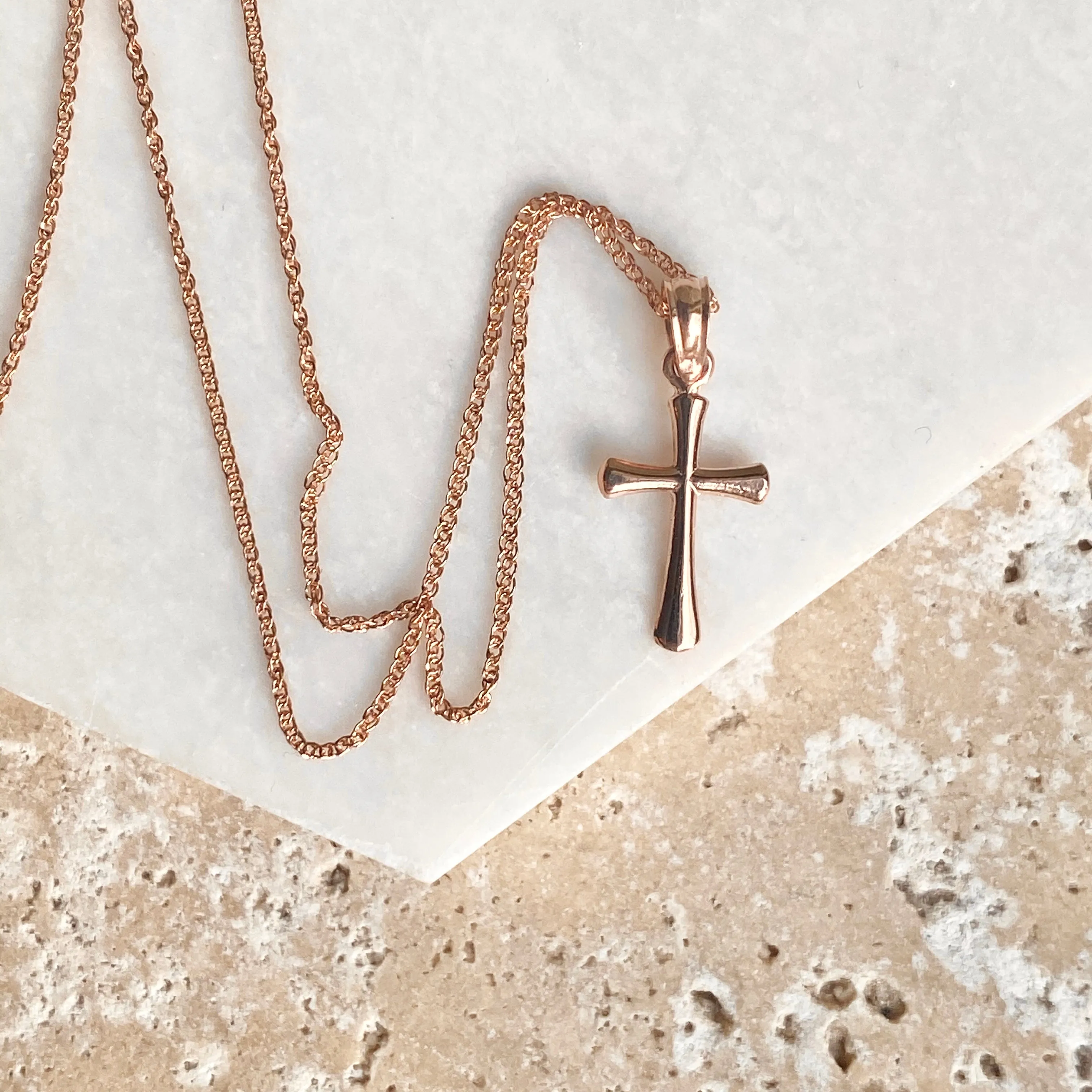 14KT Rose Gold Beveled Cross Pendant Chain Necklace
