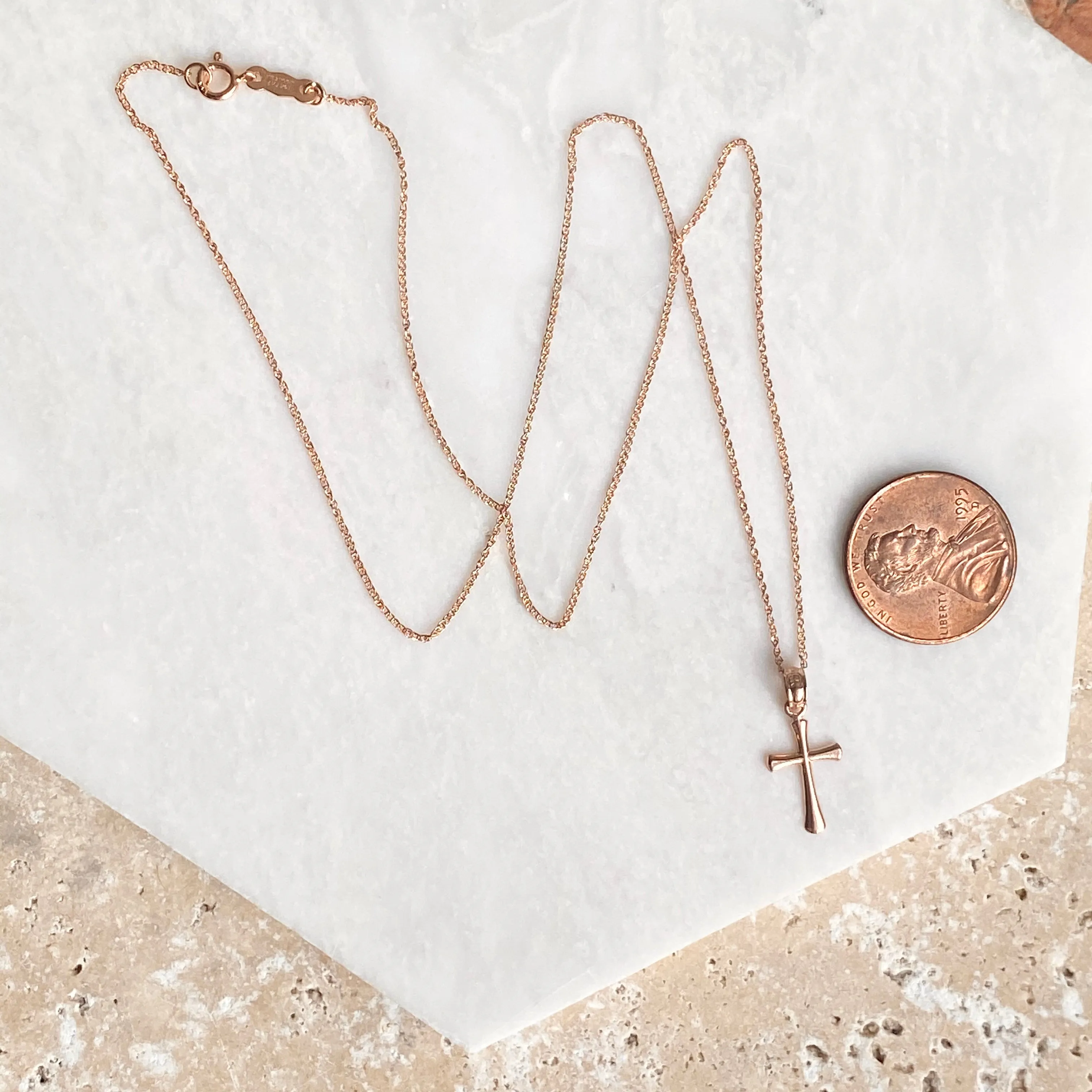 14KT Rose Gold Beveled Cross Pendant Chain Necklace