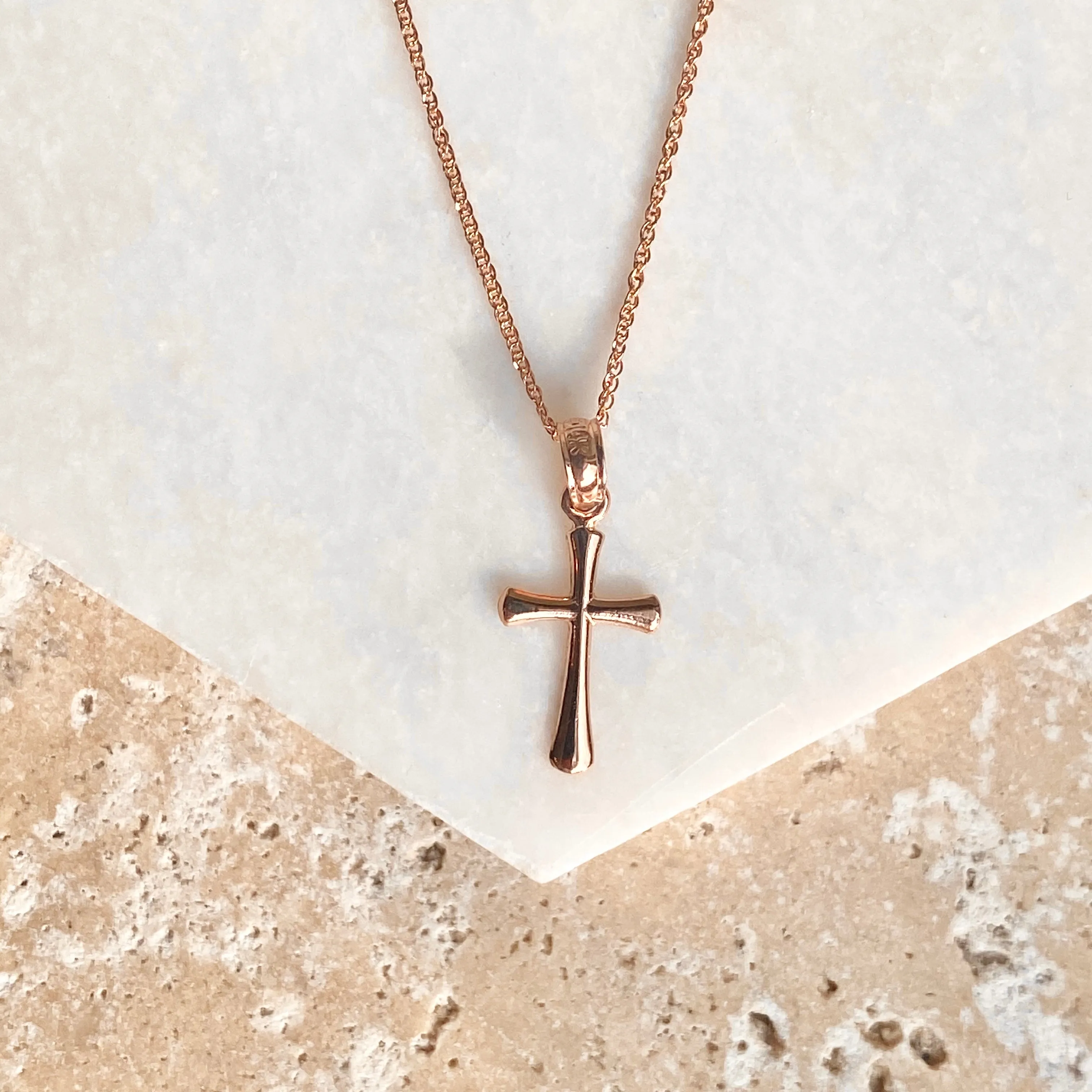 14KT Rose Gold Beveled Cross Pendant Chain Necklace