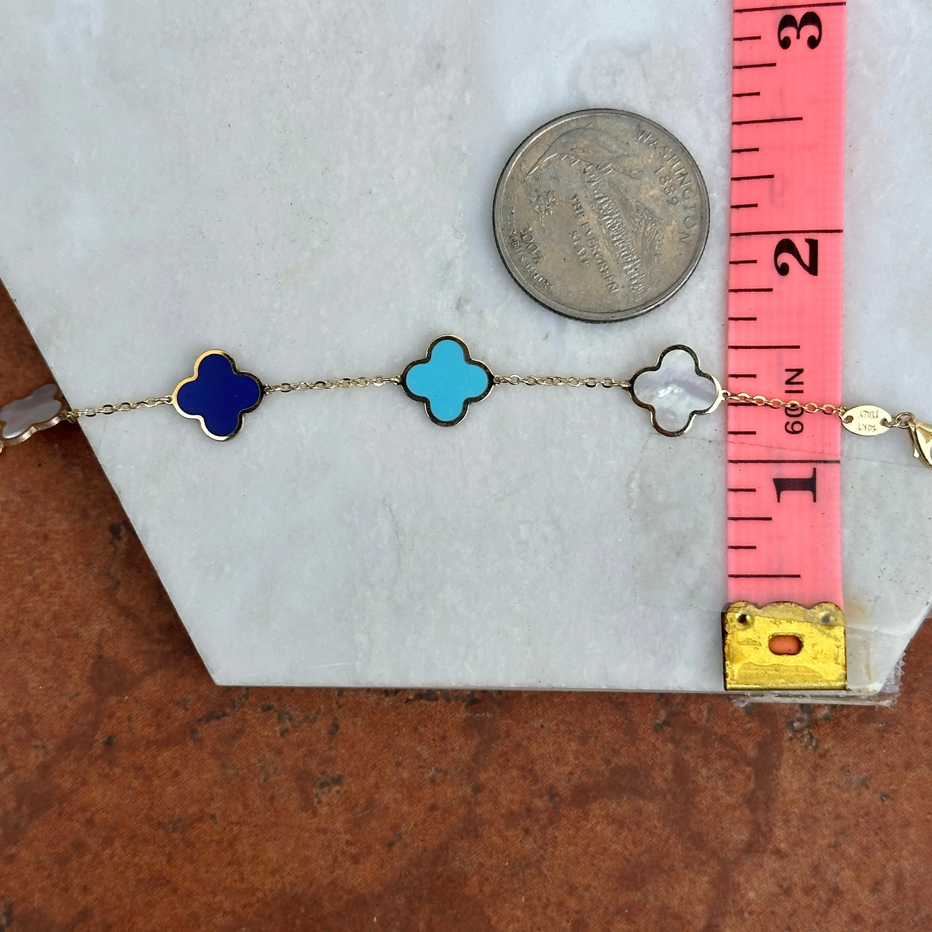 14KT Yellow Gold 10mm Lapis, Turquoise   Pearl 4 Leaf Clover Charm Chain Bracelet