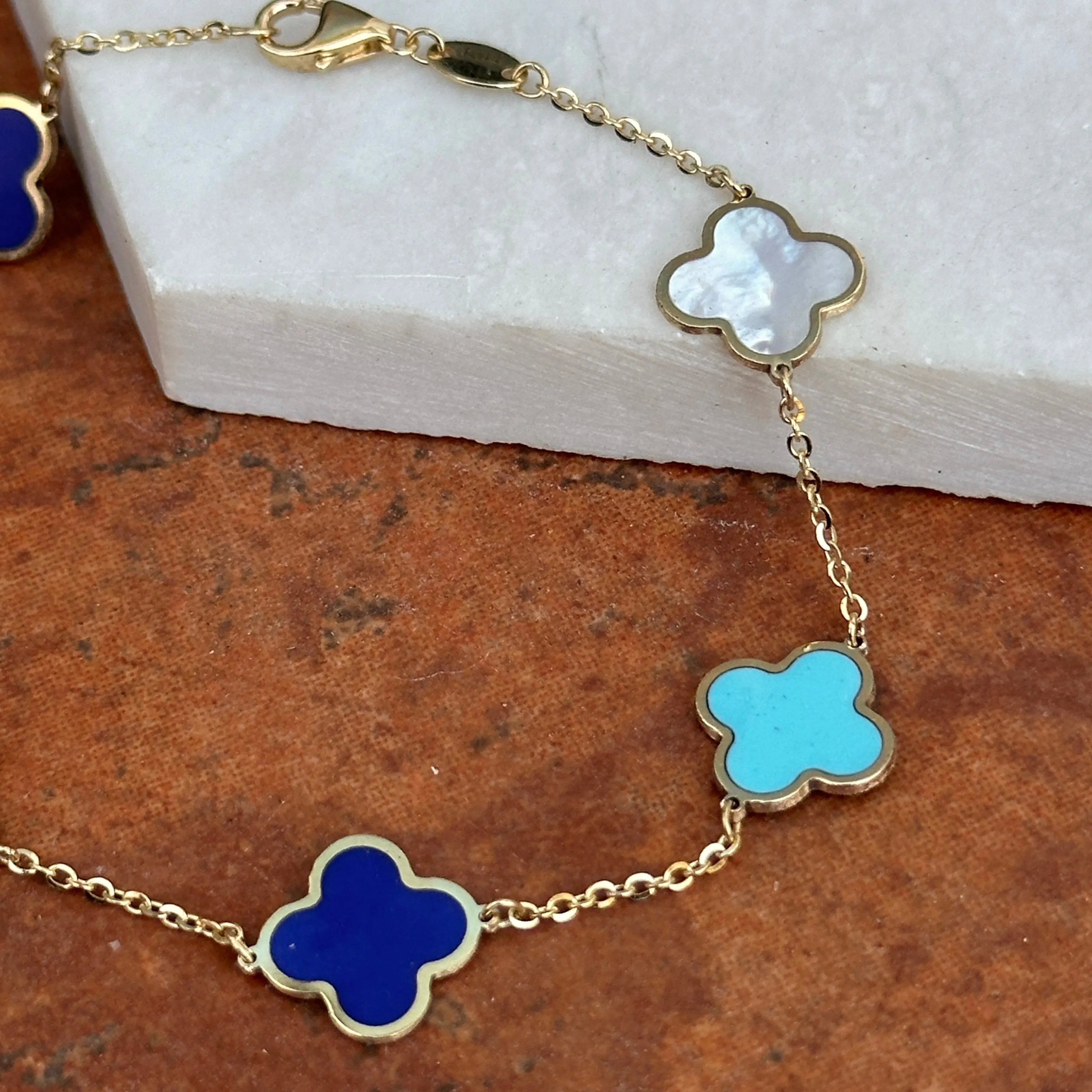 14KT Yellow Gold 10mm Lapis, Turquoise   Pearl 4 Leaf Clover Charm Chain Bracelet