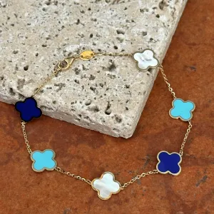 14KT Yellow Gold 10mm Lapis, Turquoise   Pearl 4 Leaf Clover Charm Chain Bracelet