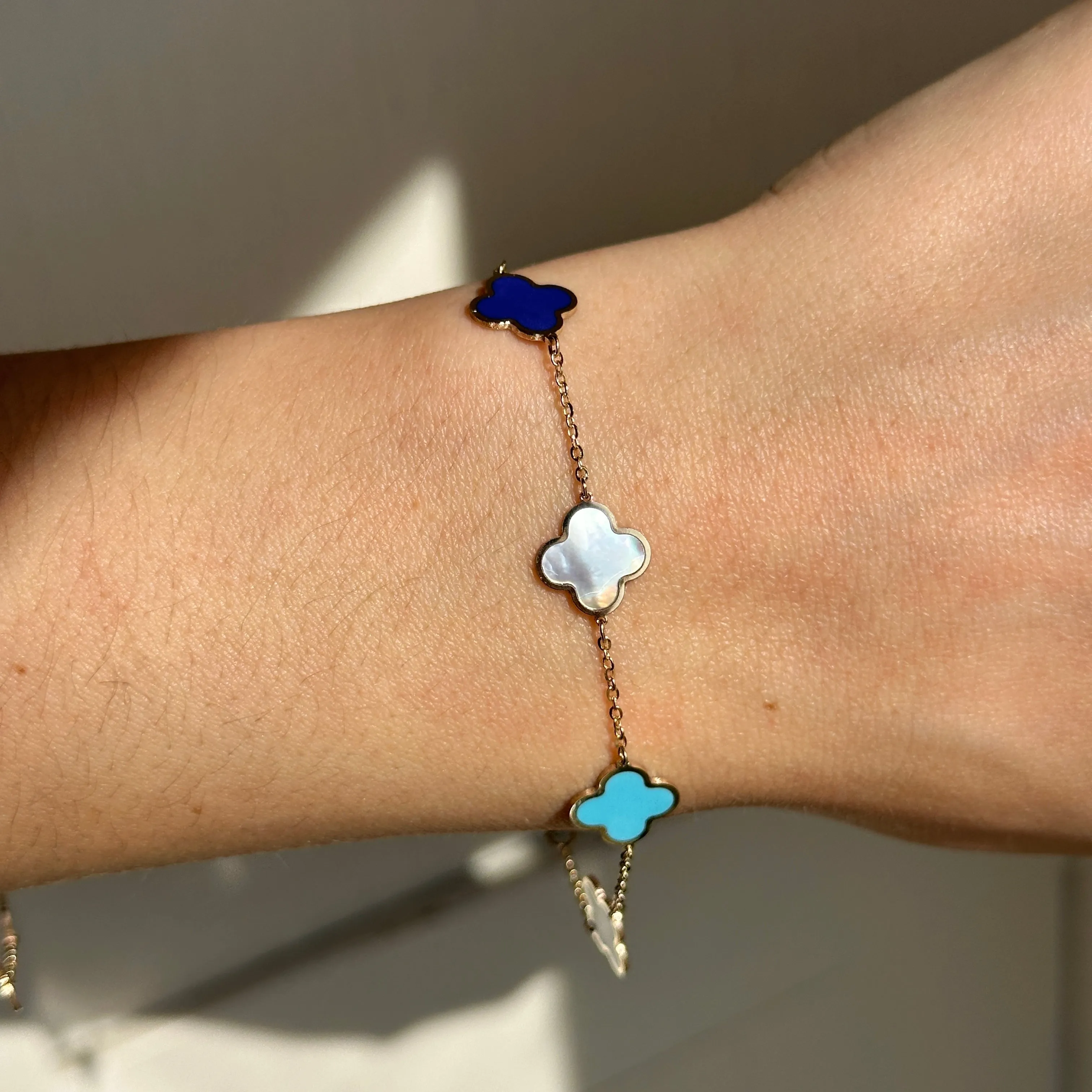 14KT Yellow Gold 10mm Lapis, Turquoise   Pearl 4 Leaf Clover Charm Chain Bracelet