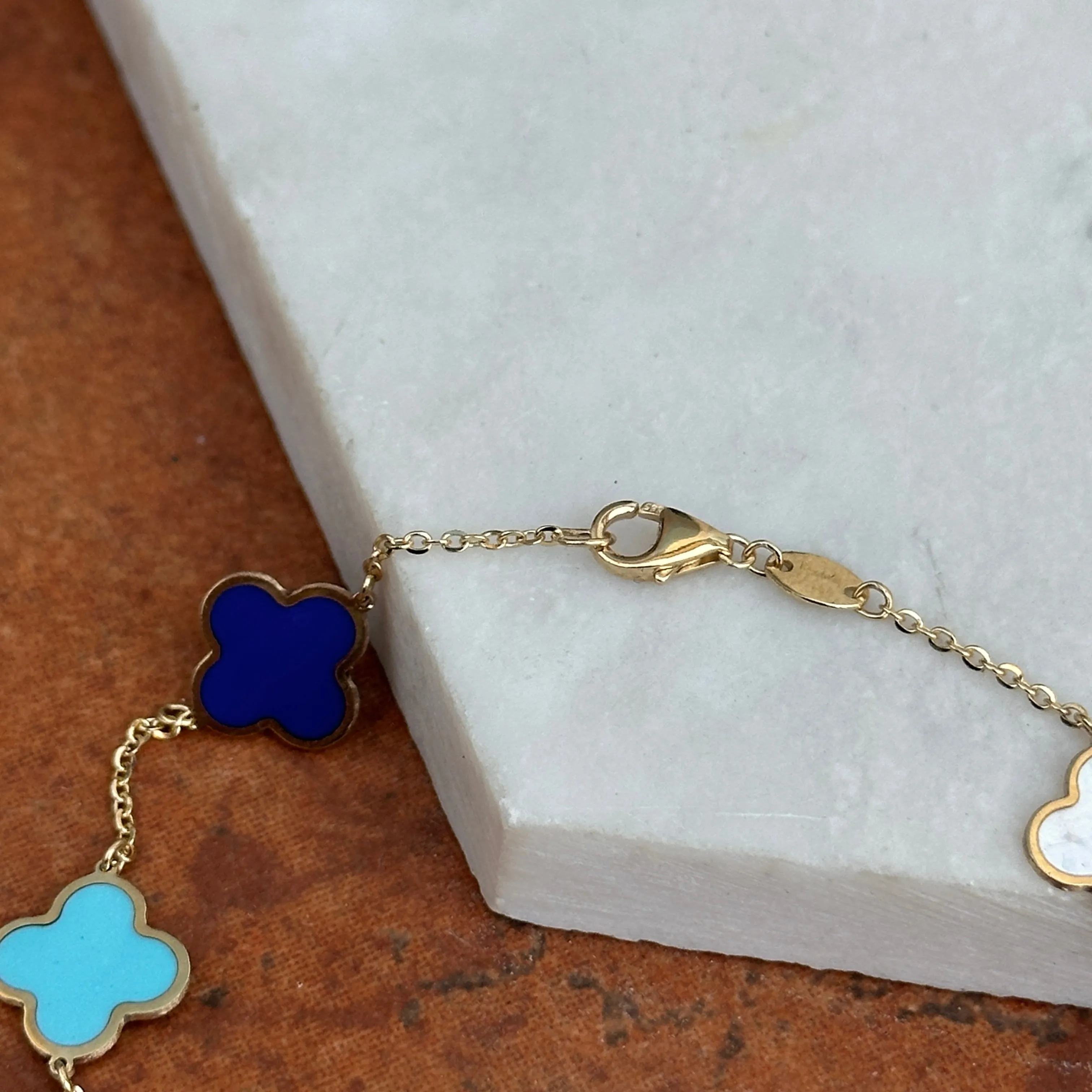 14KT Yellow Gold 10mm Lapis, Turquoise   Pearl 4 Leaf Clover Charm Chain Bracelet
