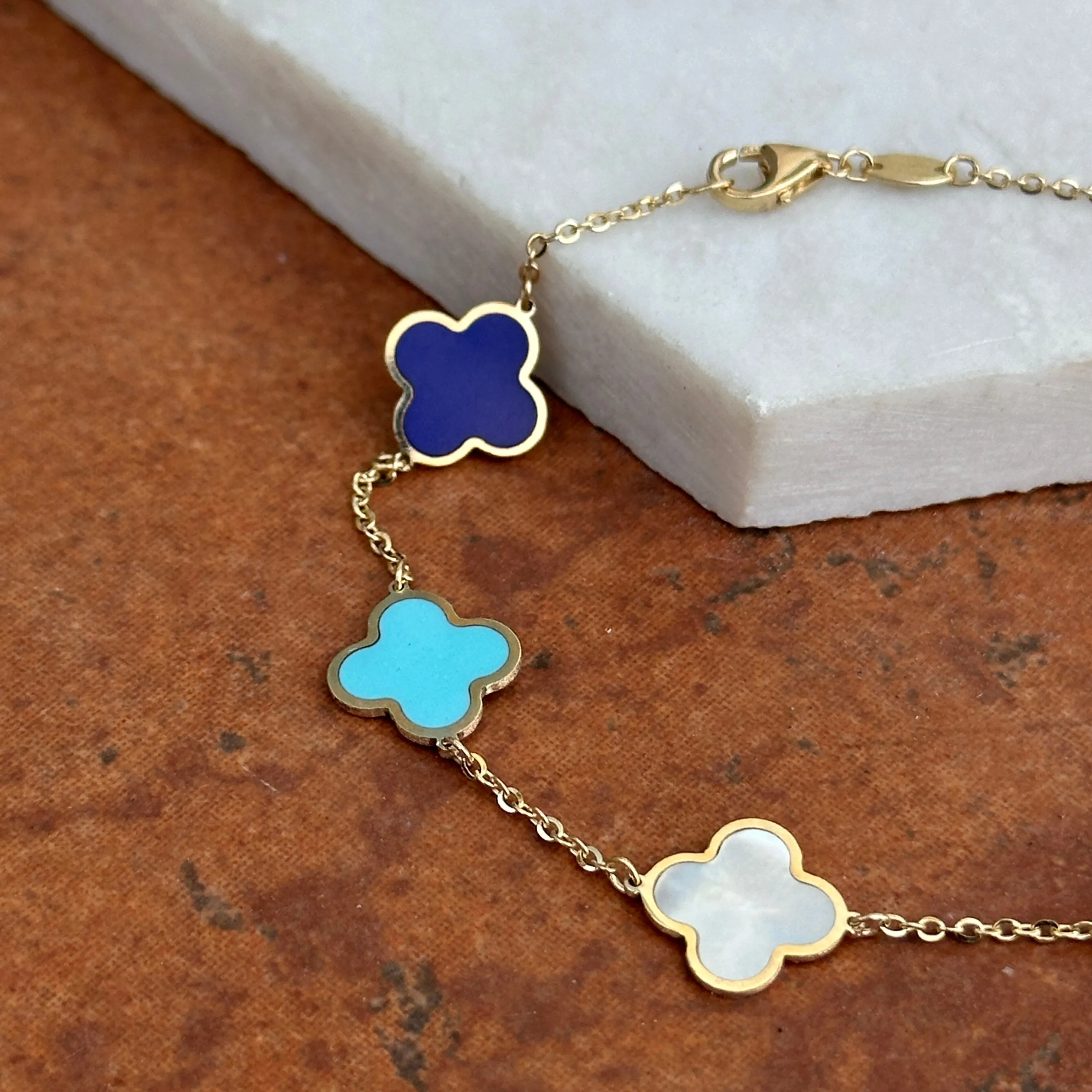 14KT Yellow Gold 10mm Lapis, Turquoise   Pearl 4 Leaf Clover Charm Chain Bracelet