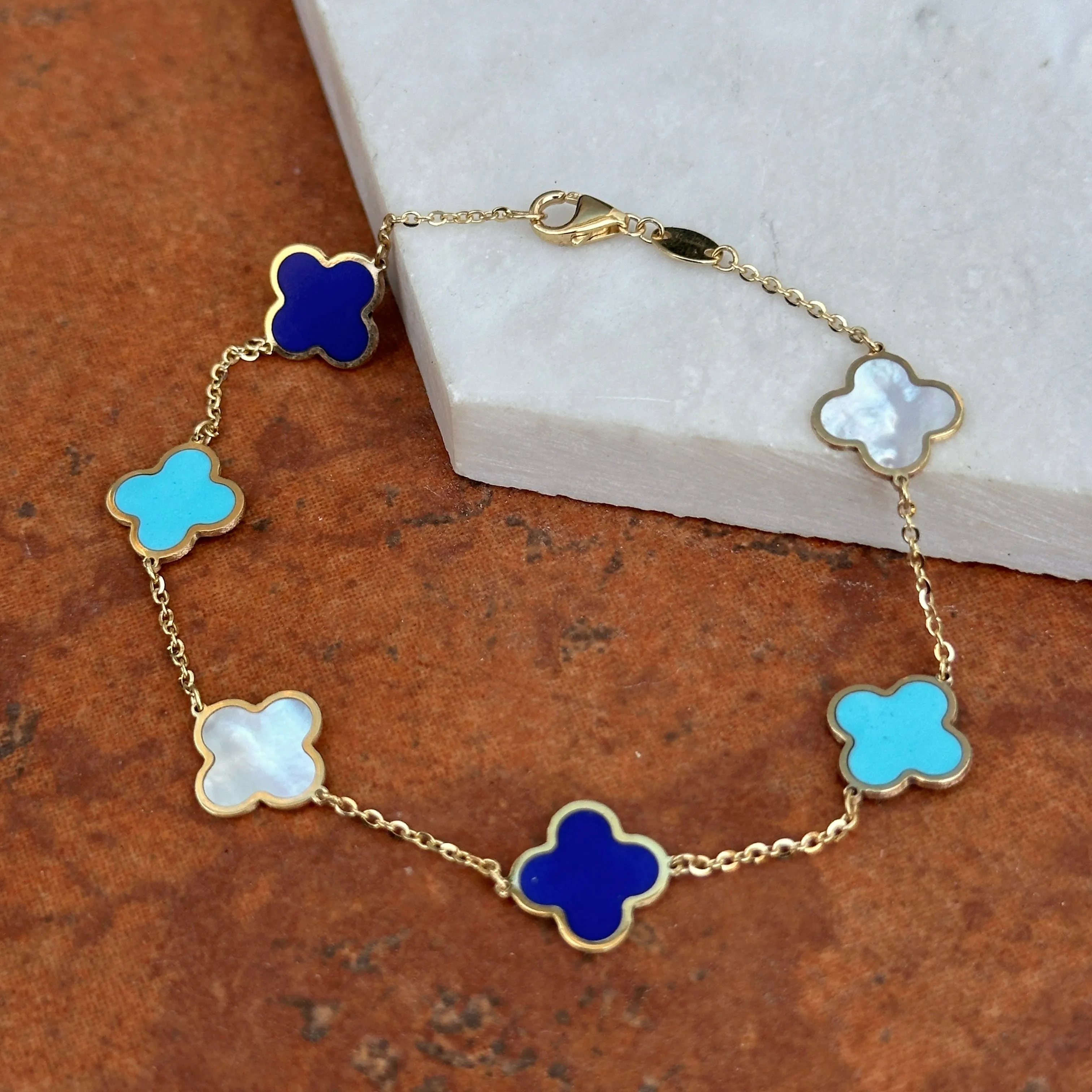 14KT Yellow Gold 10mm Lapis, Turquoise   Pearl 4 Leaf Clover Charm Chain Bracelet
