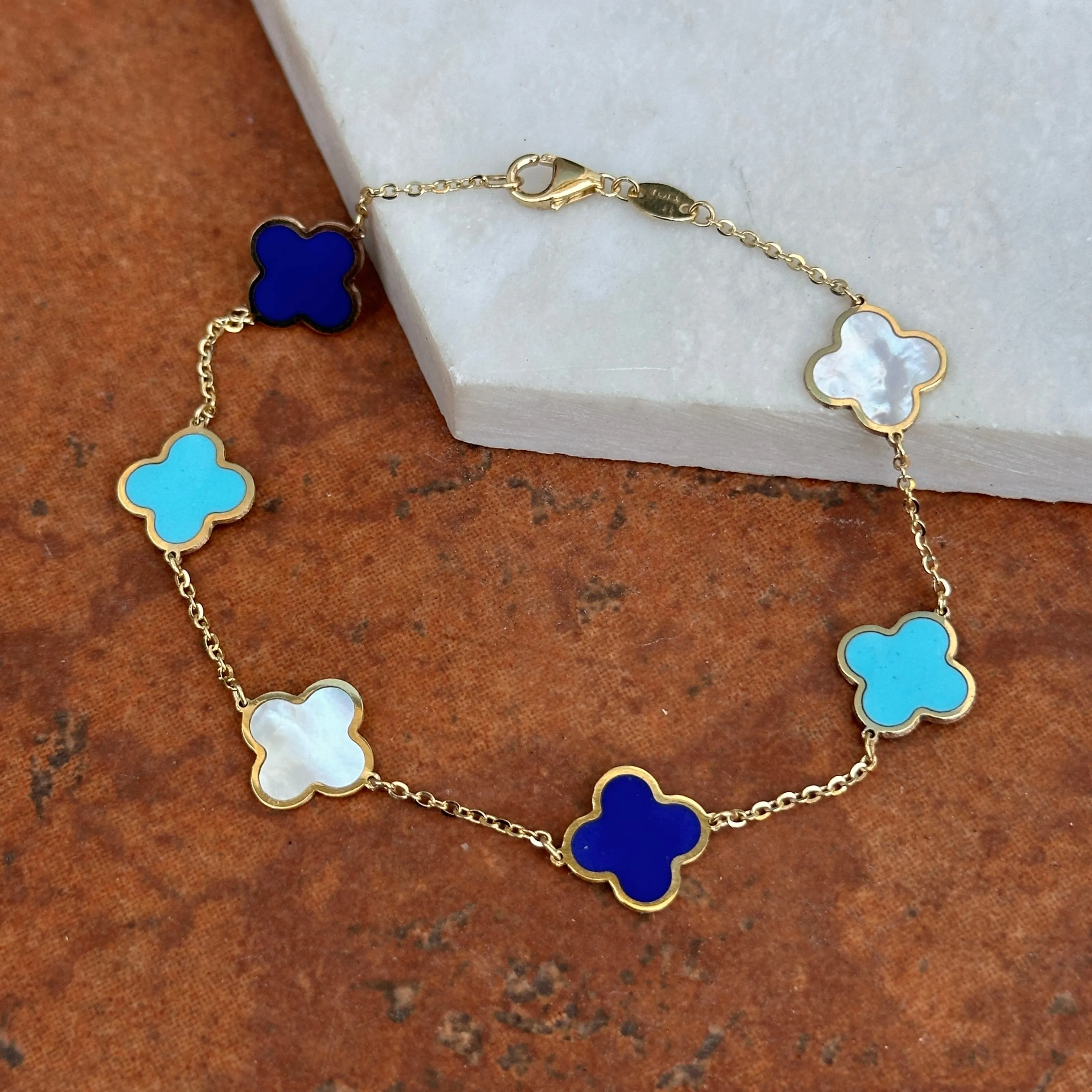14KT Yellow Gold 10mm Lapis, Turquoise   Pearl 4 Leaf Clover Charm Chain Bracelet