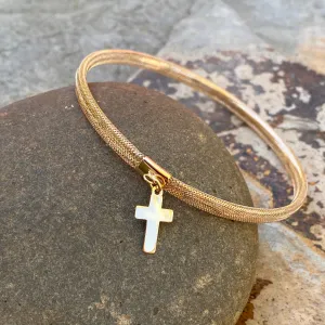 14KT Yellow Gold Mesh Stretch with Cross Charm Bangle Bracelet