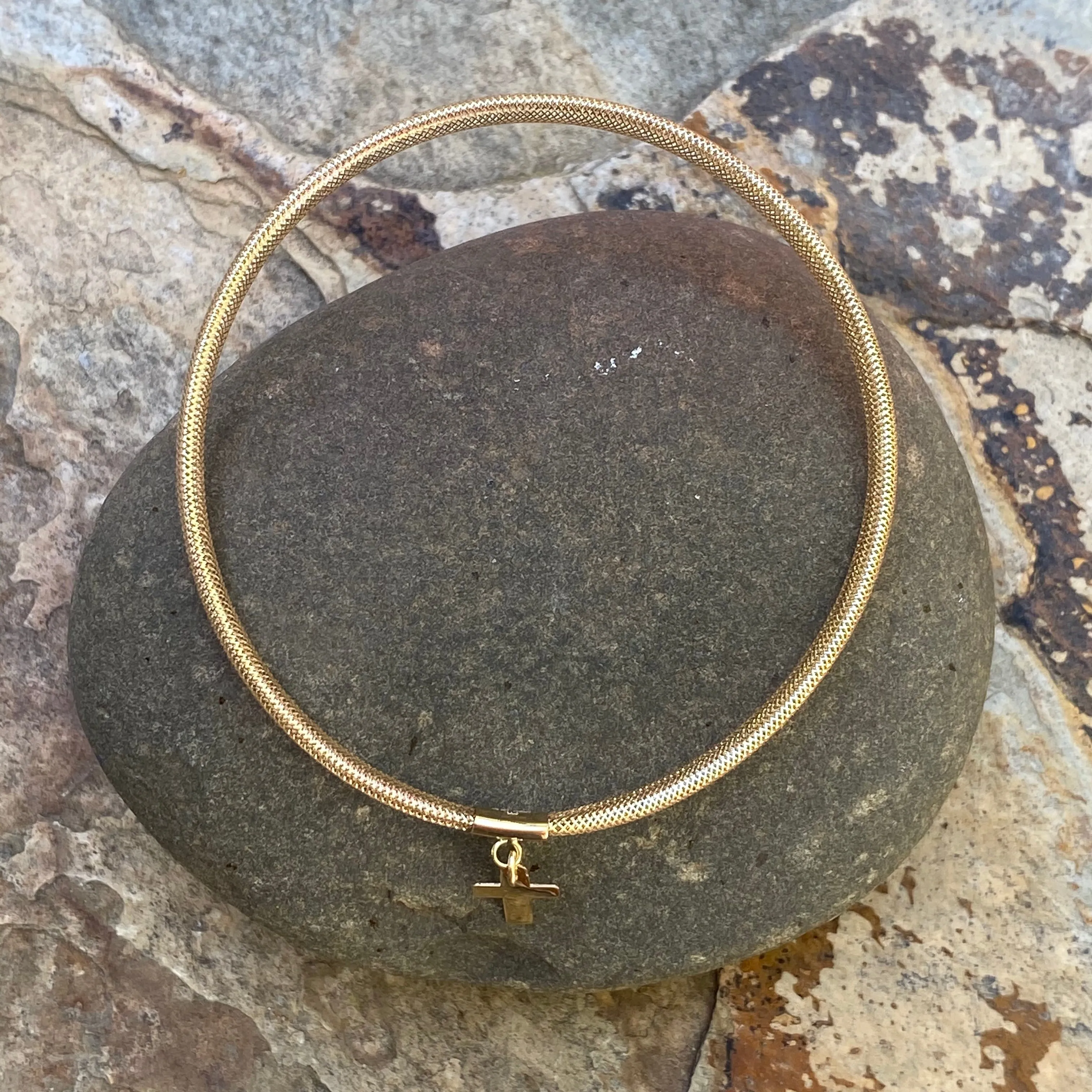 14KT Yellow Gold Mesh Stretch with Cross Charm Bangle Bracelet