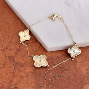 14KT Yellow Gold Ribbed Detail Clover Station Bracelet