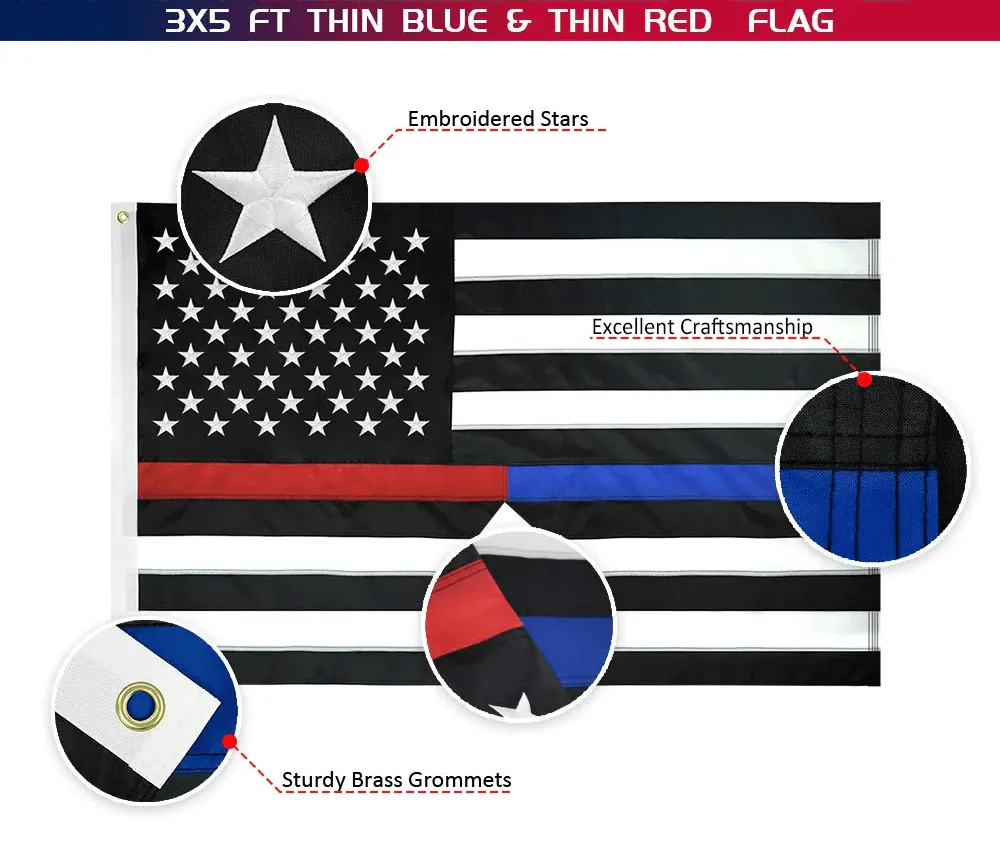 3×5 Ft Embroidery Thin Blue Line Thin Red Line Flag Made in USA