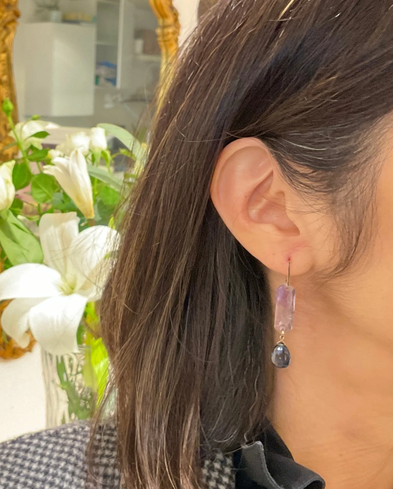 Amethyst Flat Slice Blue Topaz Drop Earrings