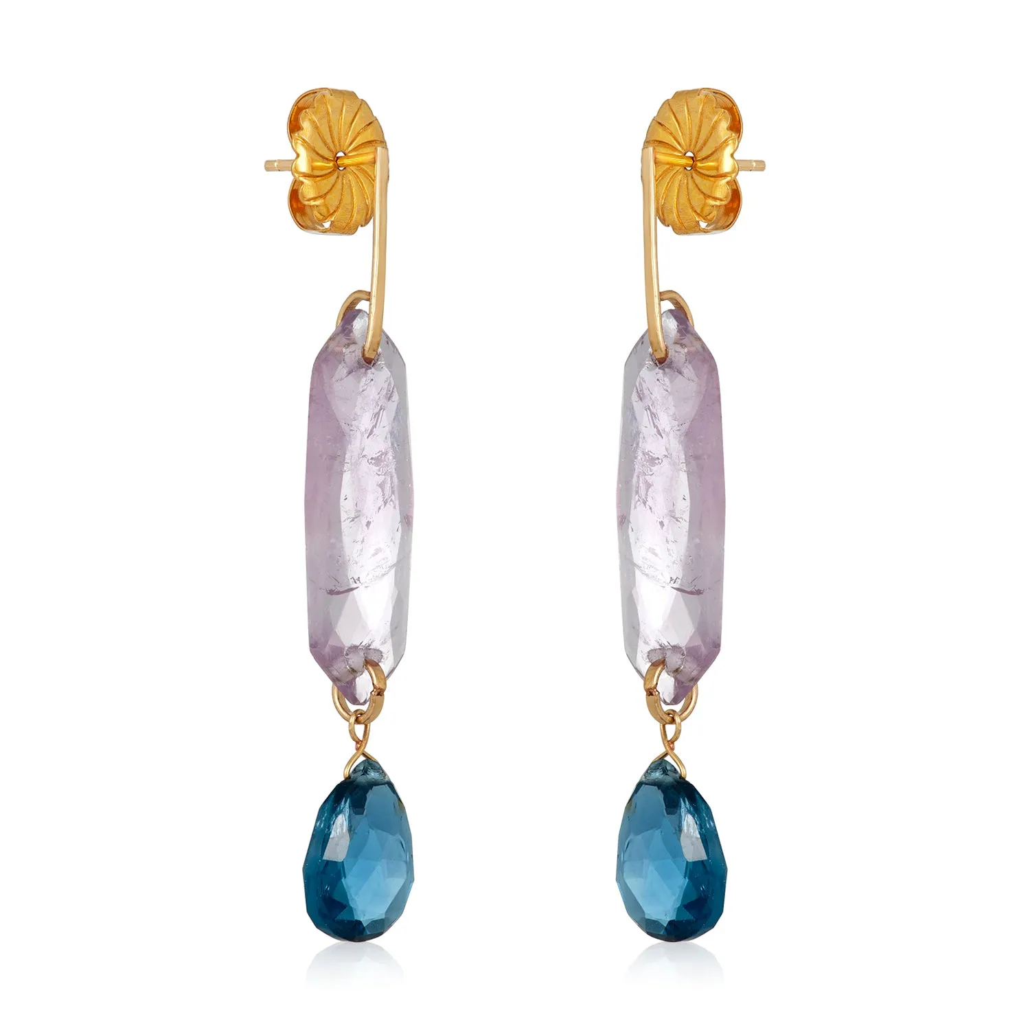 Amethyst Flat Slice Blue Topaz Drop Earrings