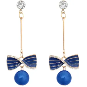 Blue Faux Pearl Thin Bar Bow Earrings