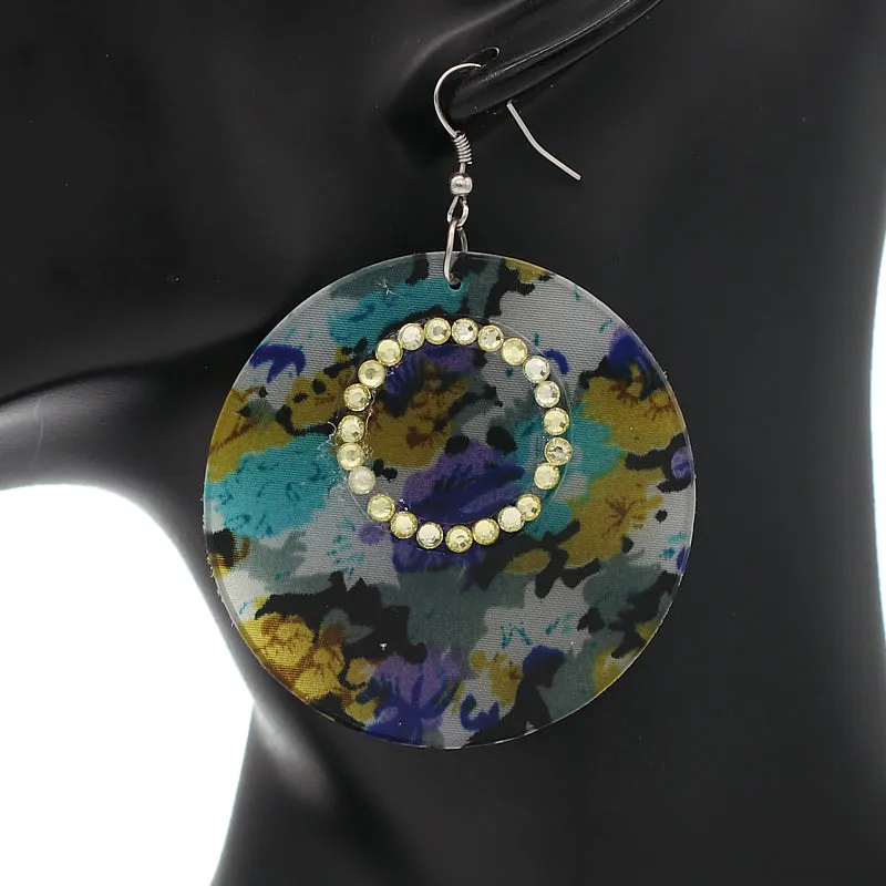 Blue Multicolor Floral Pattern Thin Disk Earrings