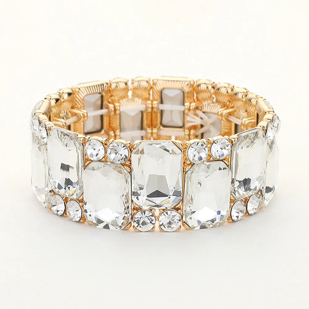 Clear Crystal Square and Round Stone Cluster Stretch Pageant Bracelet on Gold| Clear on Gold Evening Bracelet | 647857