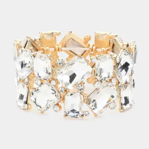 Clear Offset Rectangle Crystal Stretch Evening Bracelet on Gold| Chunky Bracelet |  623705
