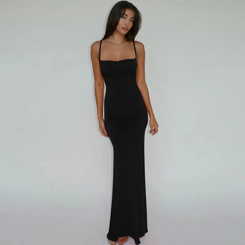 Cryptographic Draped Backless Slip Maxi Dress