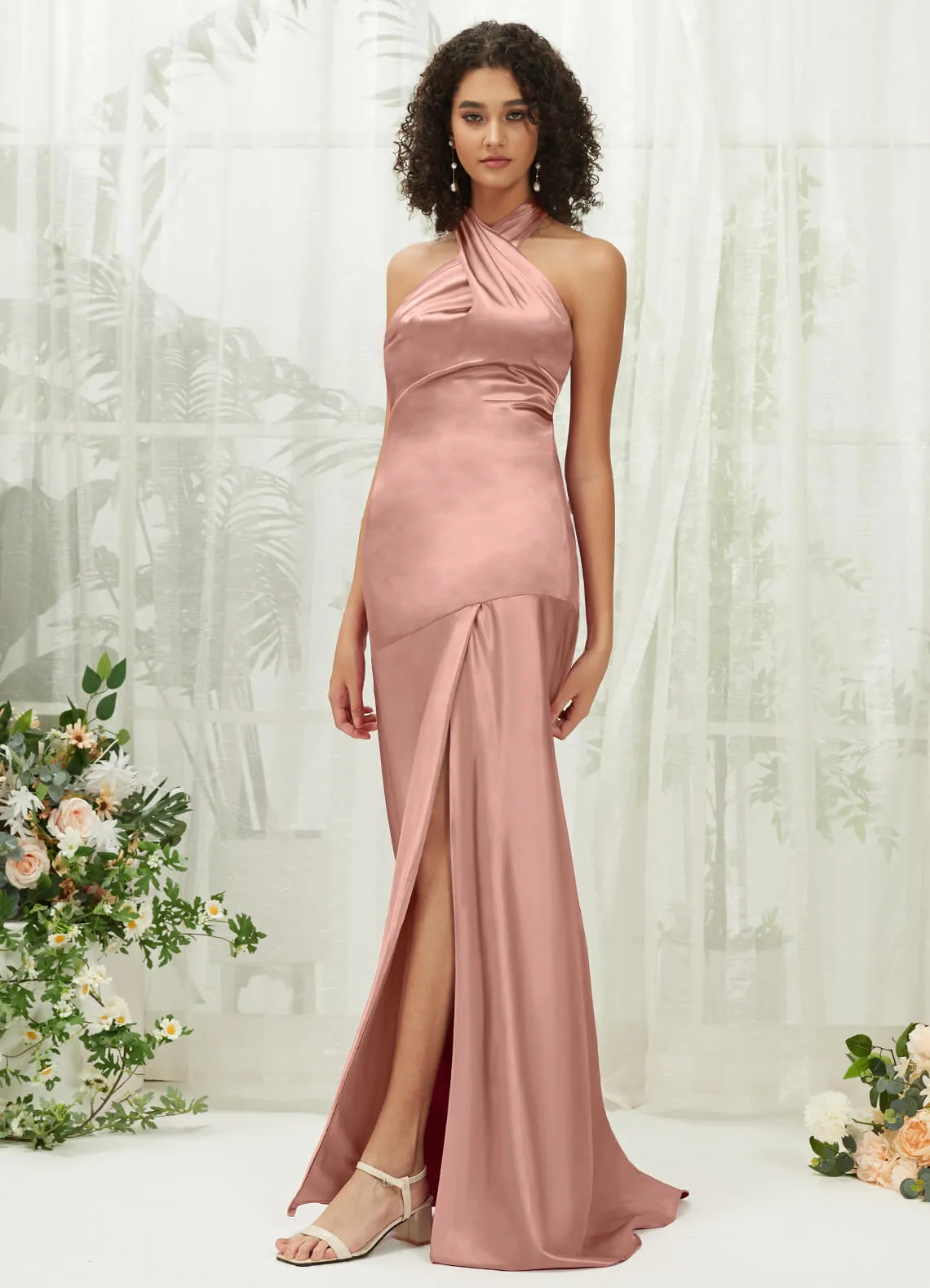 Dusty Pink Satin Halter Neck Sleeveless Maxi Bridesmaid Dress With Slit