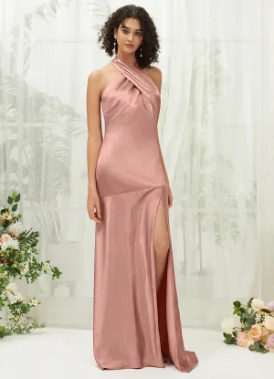 Dusty Pink Satin Halter Neck Sleeveless Maxi Bridesmaid Dress With Slit