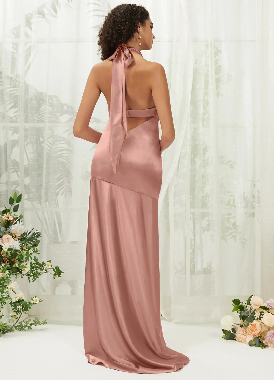 Dusty Pink Satin Halter Neck Sleeveless Maxi Bridesmaid Dress With Slit