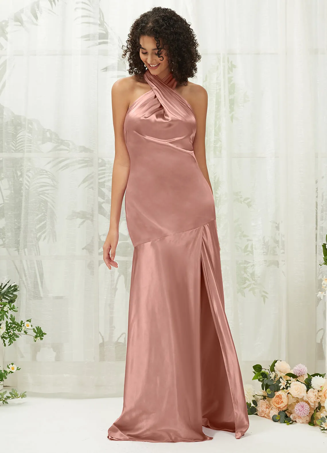 Dusty Pink Satin Halter Neck Sleeveless Maxi Bridesmaid Dress With Slit