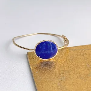 Estate 14KT Yellow Gold Oval Lapis Diamond Halo Bangle Bracelet