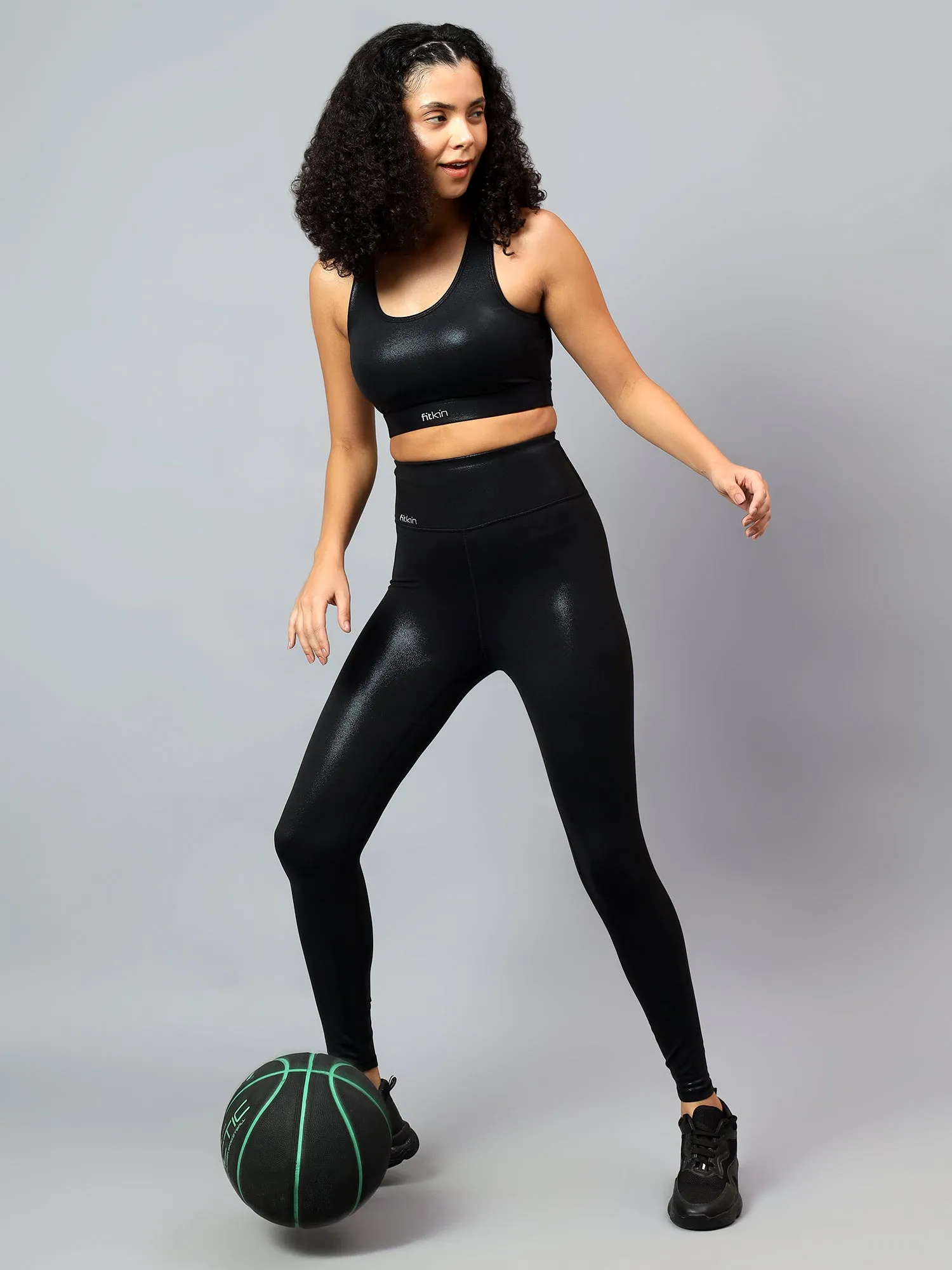 Fitkin Womens Black Shine On Multi Straps Sports Bra