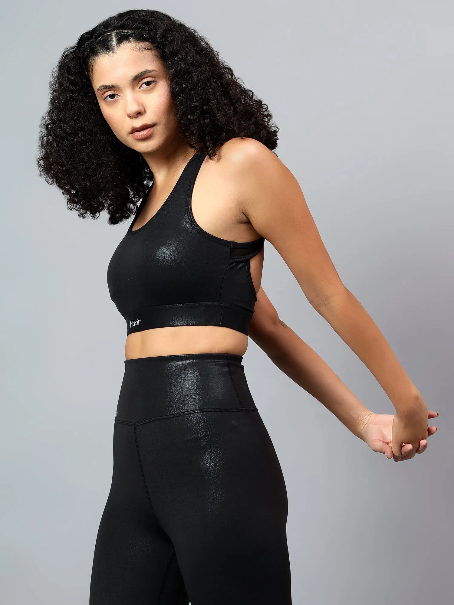 Fitkin Womens Black Shine On Multi Straps Sports Bra