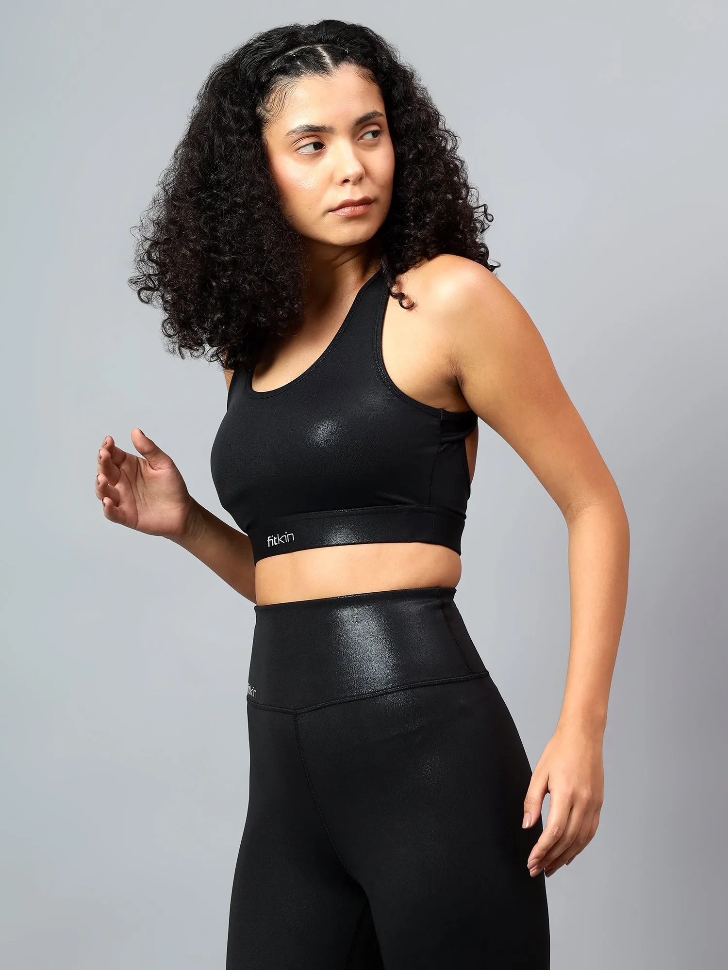 Fitkin Womens Black Shine On Multi Straps Sports Bra