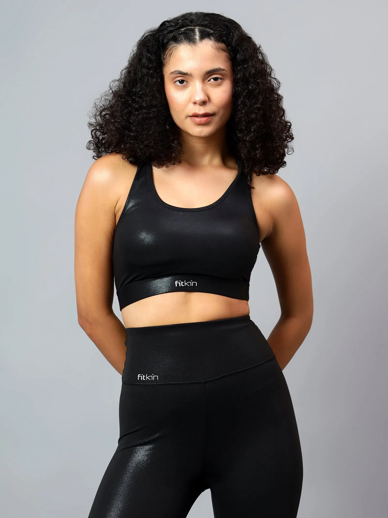 Fitkin Womens Black Shine On Multi Straps Sports Bra