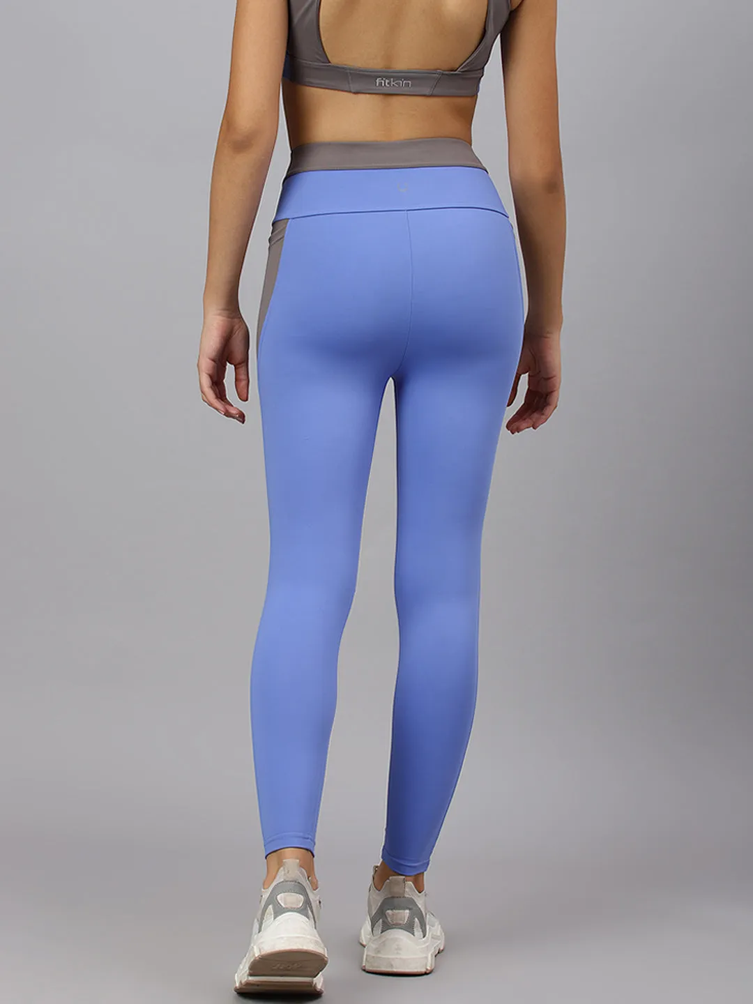 Fitkin Women's Blue Colourblock Front Zipper High Waist Tights