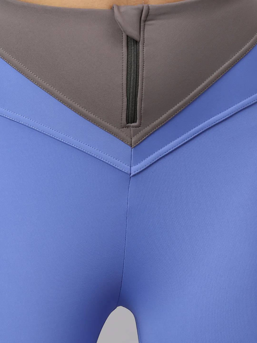 Fitkin Women's Blue Colourblock Front Zipper High Waist Tights