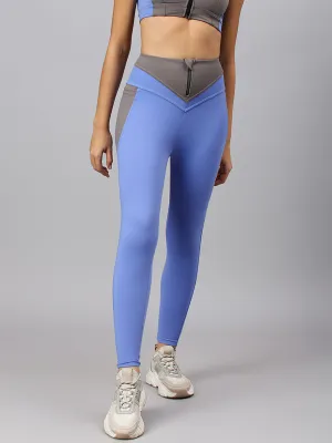 Fitkin Women's Blue Colourblock Front Zipper High Waist Tights