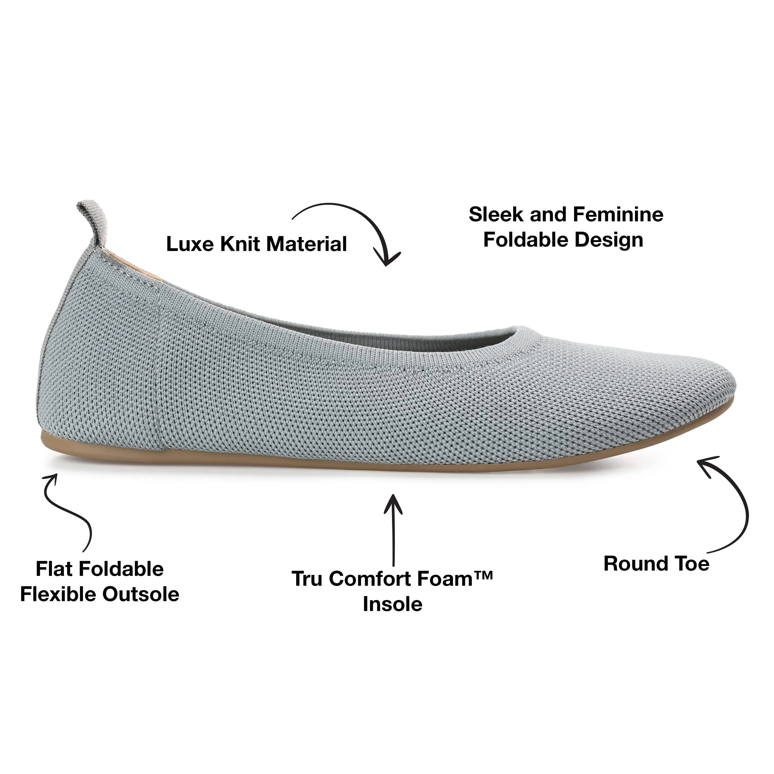 Journee Womens Jersie Knit Foldable Round Toe Slip On Dress Flats