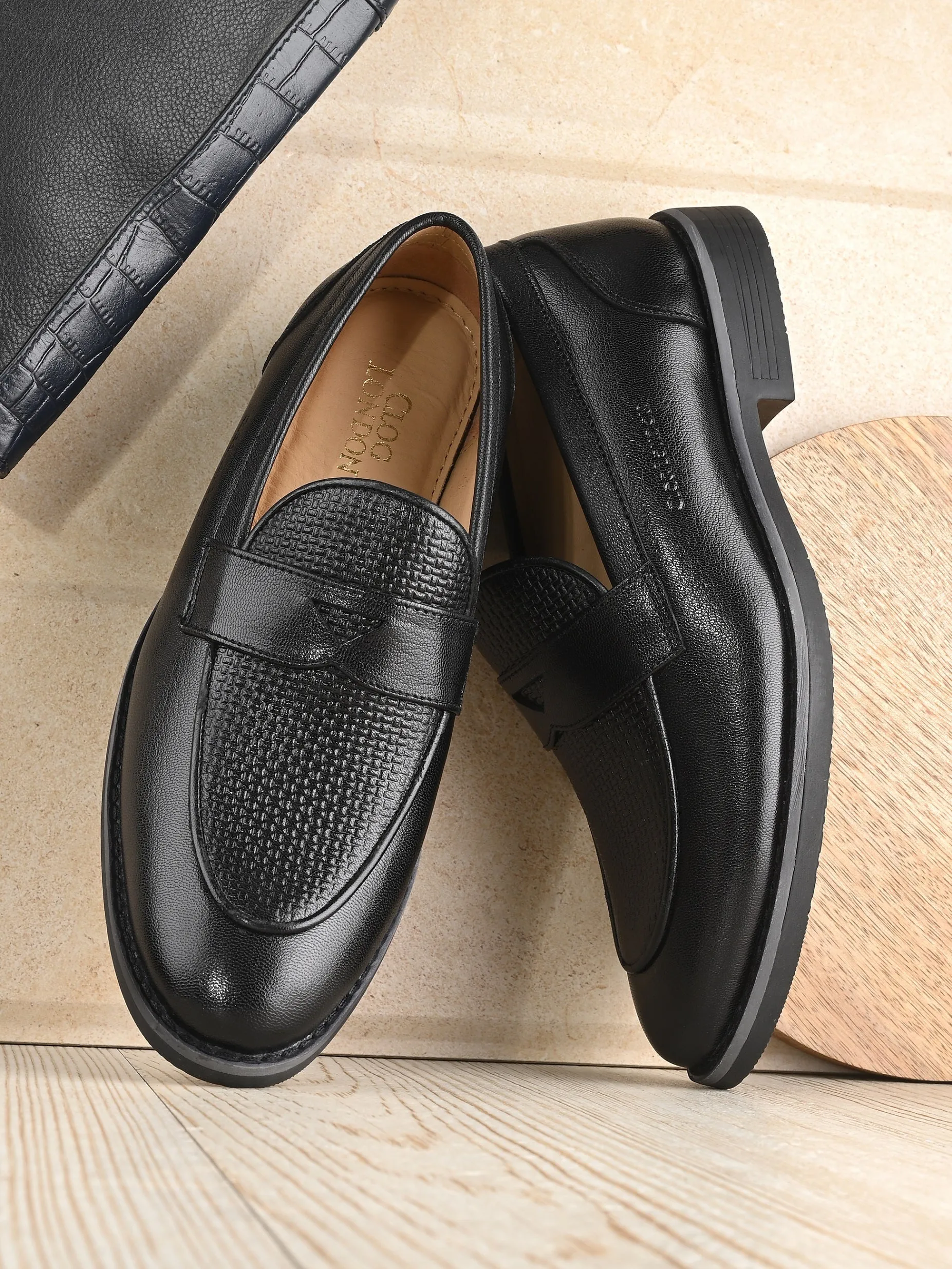 Men Black Almond-Toe Penny Loafers