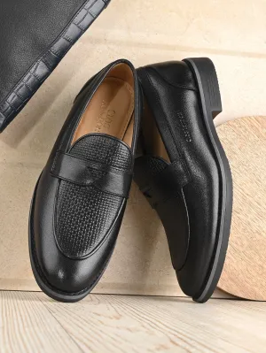 Men Black Almond-Toe Penny Loafers