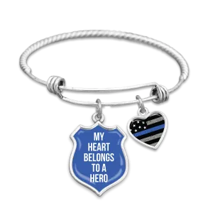 My Heart Belongs To A Hero Thin Blue Line Charm Bracelet