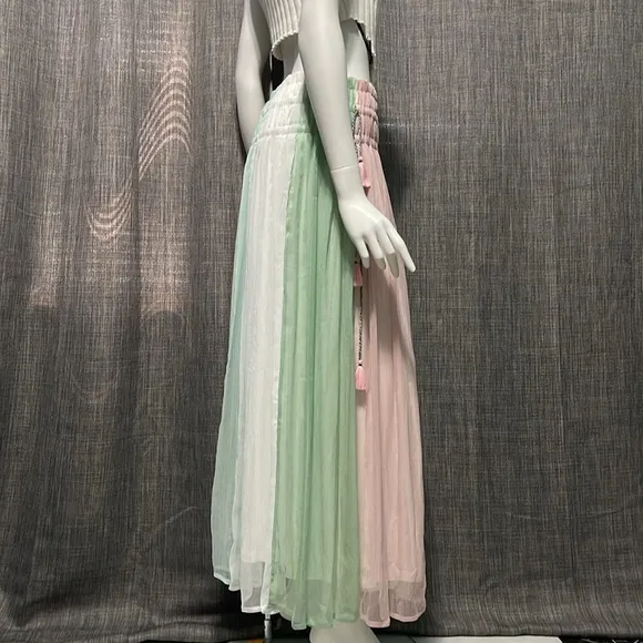 NWT Chelsea &amp; Theodore Pastel Pink Combo Chiffon Maxi Skirt W/ Side Tassel S/M