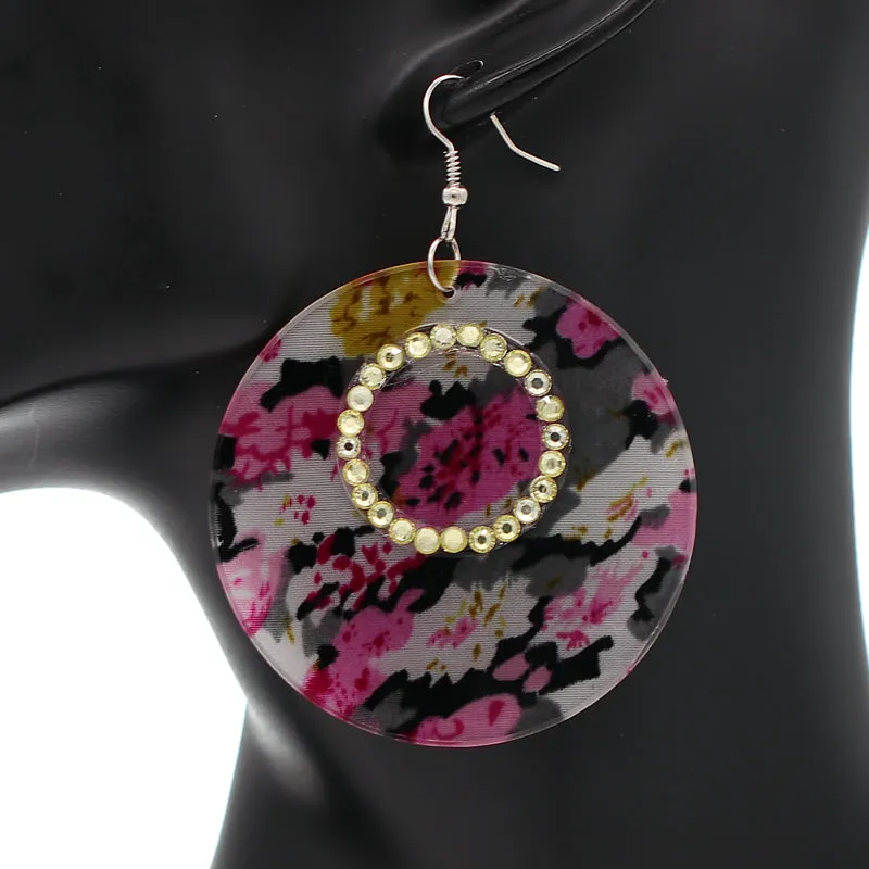 Pink Multicolor Floral Pattern Thin Disk Earrings