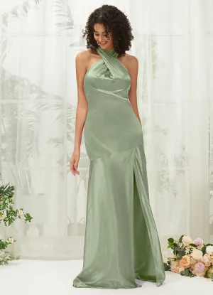 Sage Green Satin Halter Neck Sleeveless Maxi Bridesmaid Dress With Slit