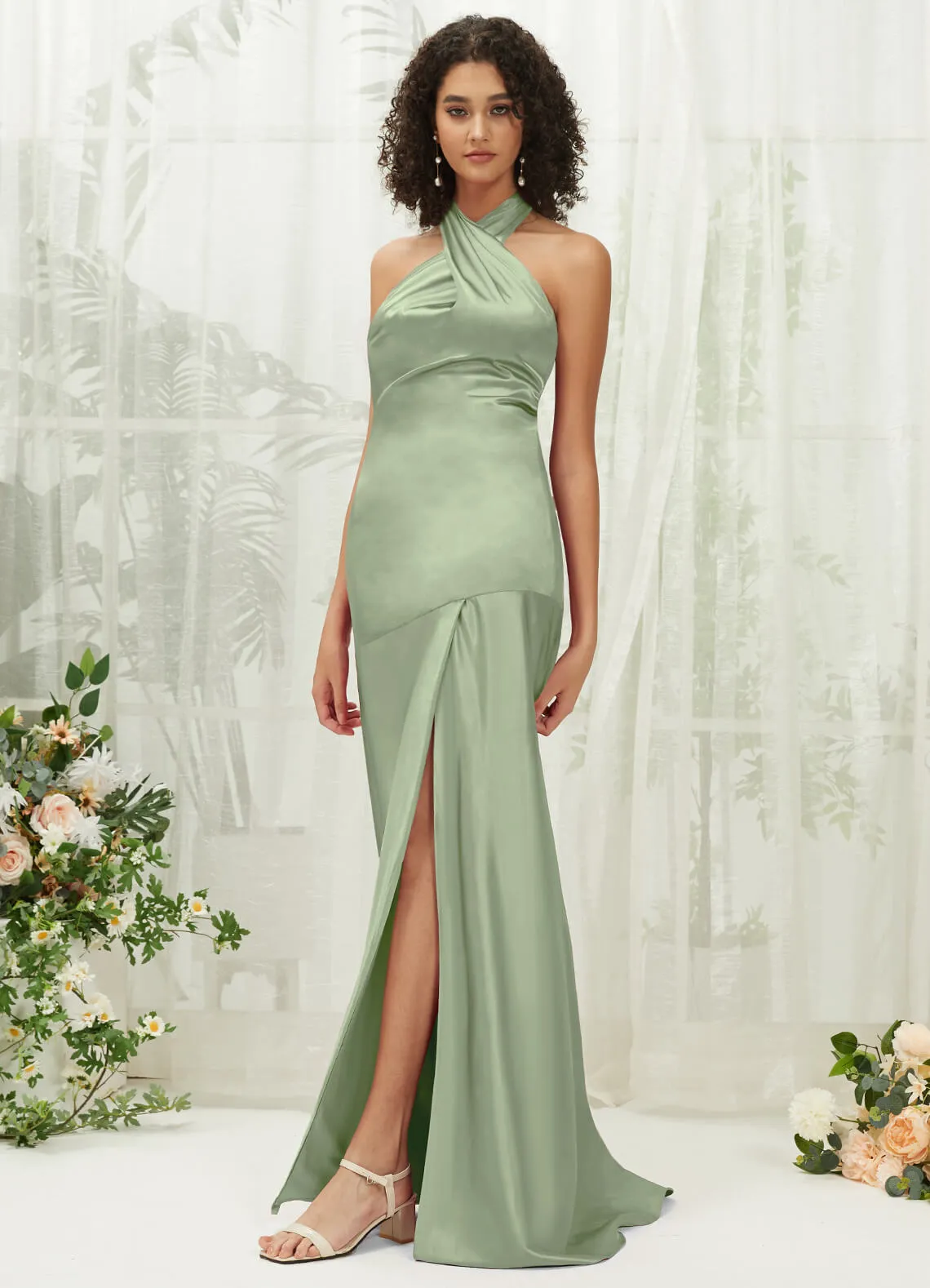 Sage Green Satin Halter Neck Sleeveless Maxi Bridesmaid Dress With Slit