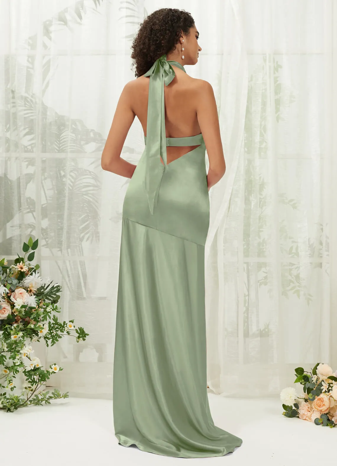 Sage Green Satin Halter Neck Sleeveless Maxi Bridesmaid Dress With Slit