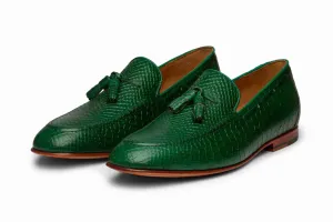 Snake Skin Print Leather Loafers With Tassel Detail | Green