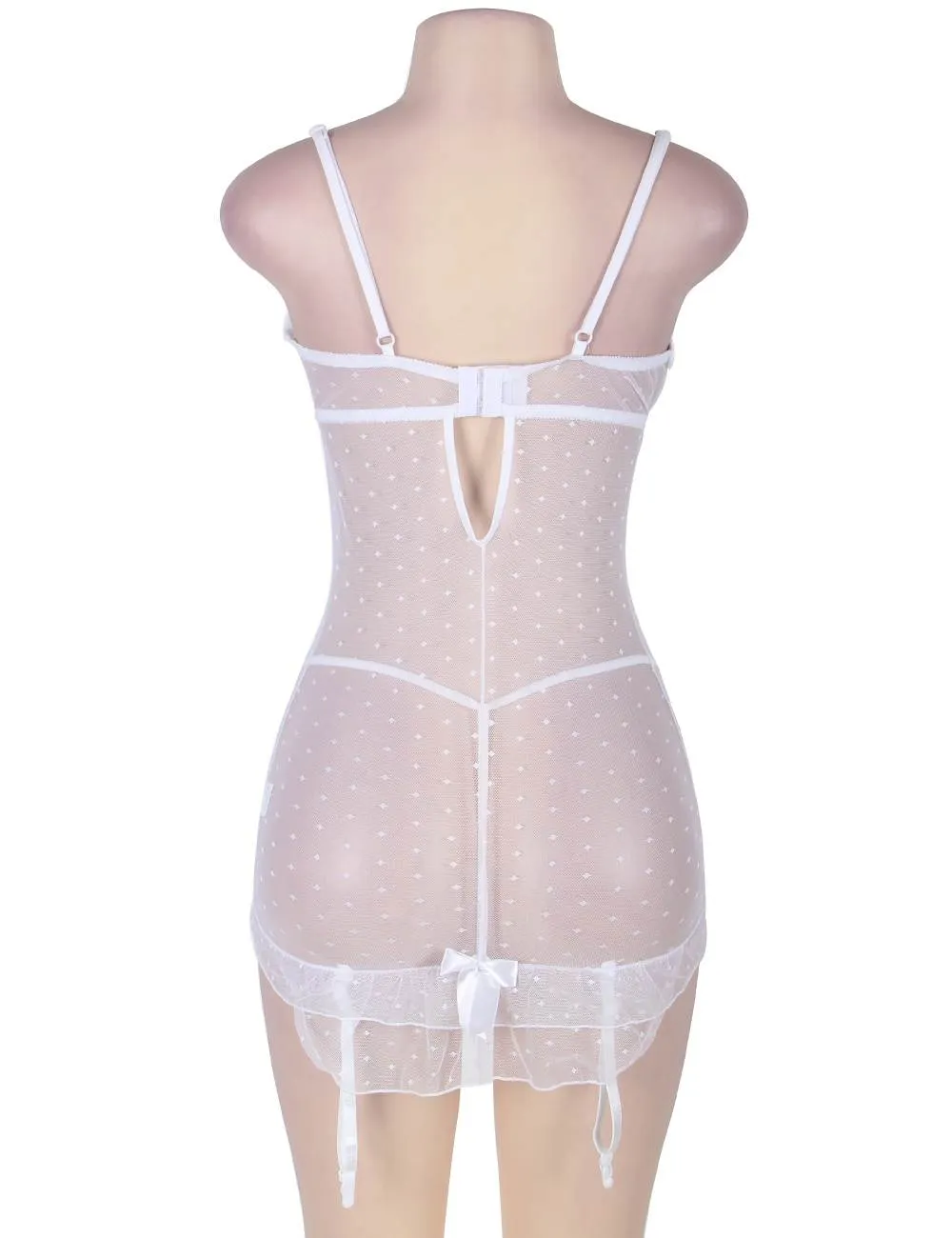 Stretch Lace and Dot Mesh White Garter Slip Set With Underwire