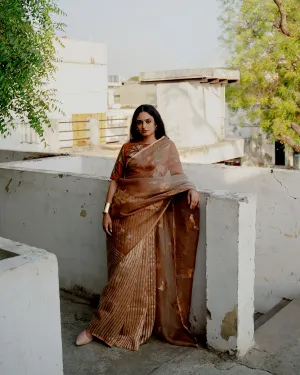 Suparna Som kanak sari 48 inch width by 5.5 meter length Coffee brown silk - delivery Time 8 weeks Festive 24 LOOK-09