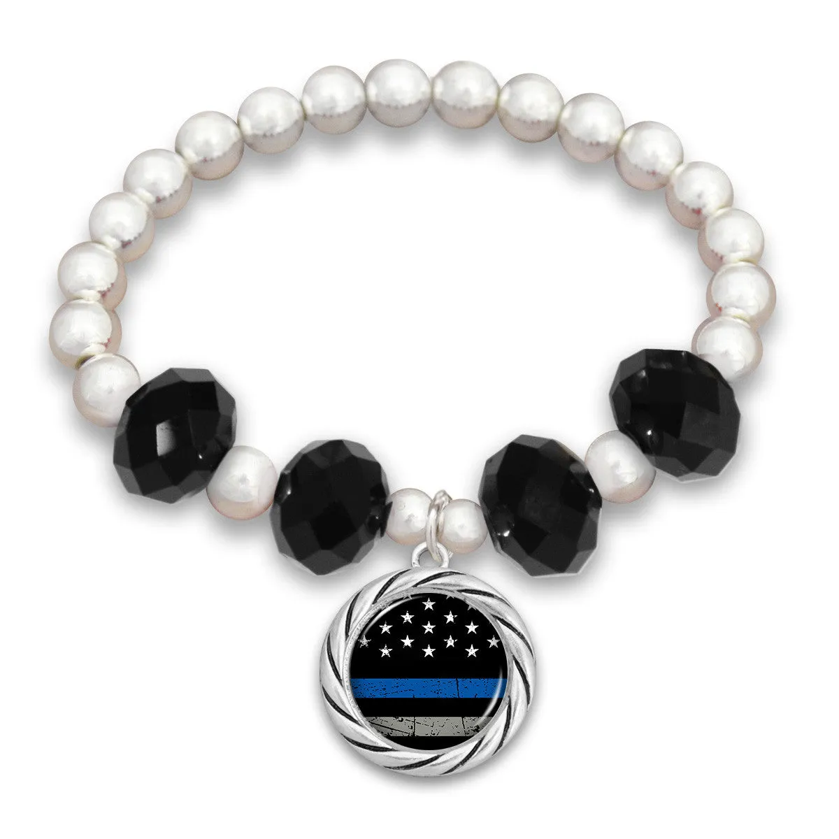 Thin Blue Line Beaded Stretch Bracelet