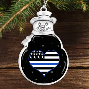 Thin Blue Line Heart Snowman Ornament