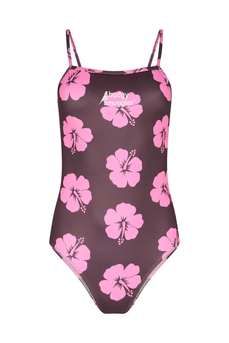 Thin Strap Racer in Brown and Pink Hibiscus